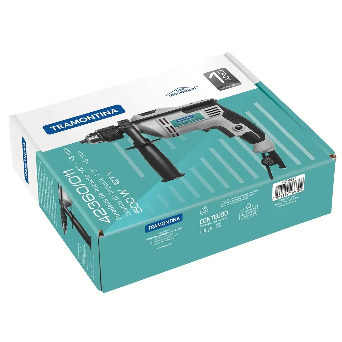 Furadeira De Impacto 500w 1/2'' 127V Com Empunhadura Auxiliar e Sistema De Reversão Tramontina