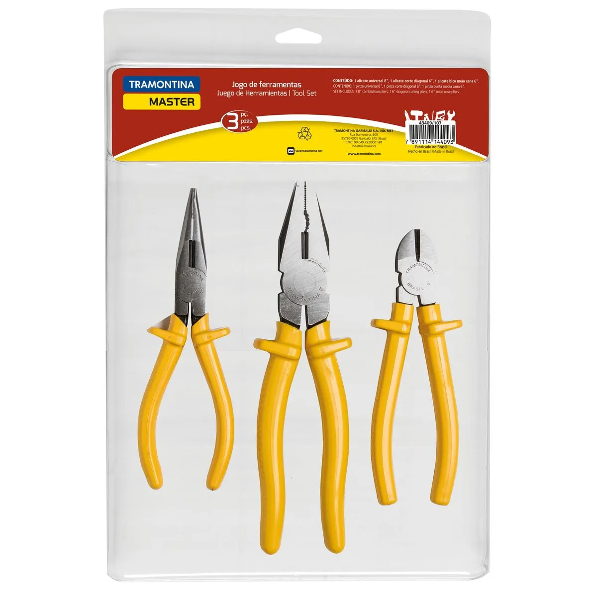 Kit Jogo De Alicate de Bico 6" Alicate Universal 8" e Alicate Corte Diagonal 6" Tramontina Master