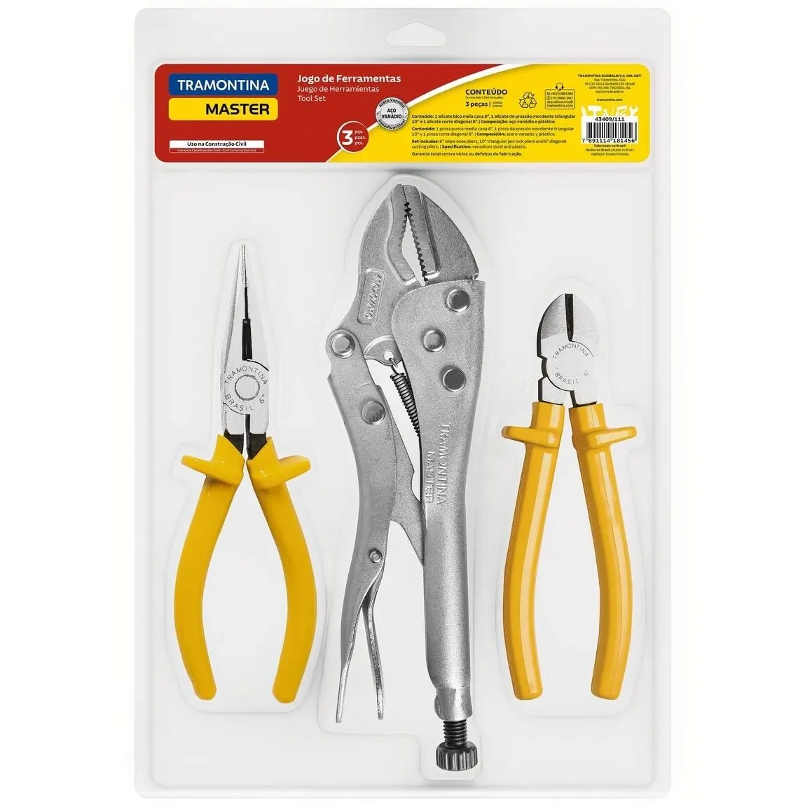Kit jogo De Alicate de Pressão 10" Alicate Corte Diagonal 6" e Alicate Bico Meia Cana 6" Tramontina