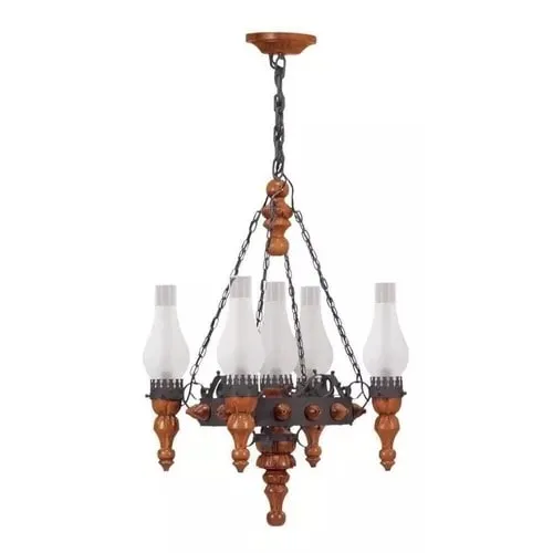 Lustre Medieval 5 Lâmpadas Madeira Rustica Vintage Ferro Fundido Madelustre